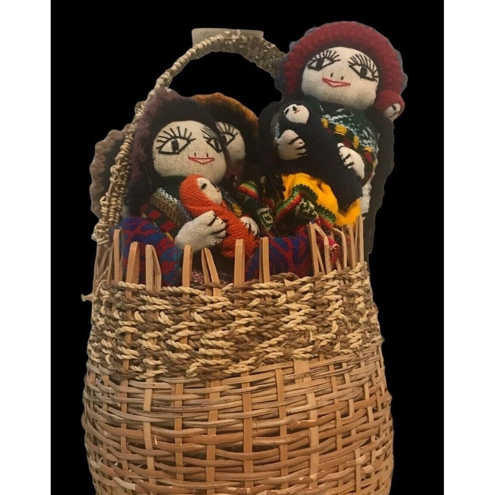 4 Handmade Peruvian Dolls with 2 Babies Each Loomed & Embroidered 9" and Basket